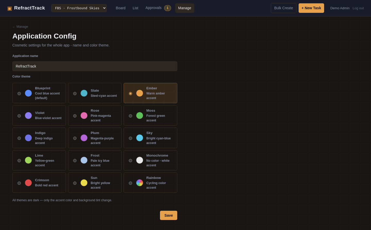 Application config screen showing fifteen selectable color themes, with Ember currently selected, and a custom application name field.