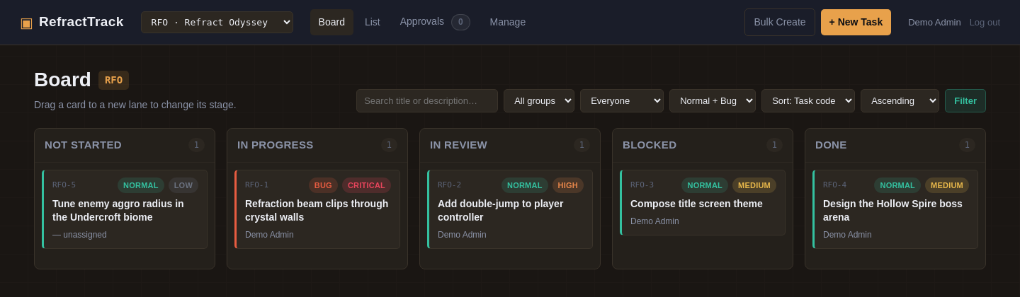 RefractTrack board view showing five columns with color-coded priority and type badges, group tags, and assignees, shown in the Ember color theme.