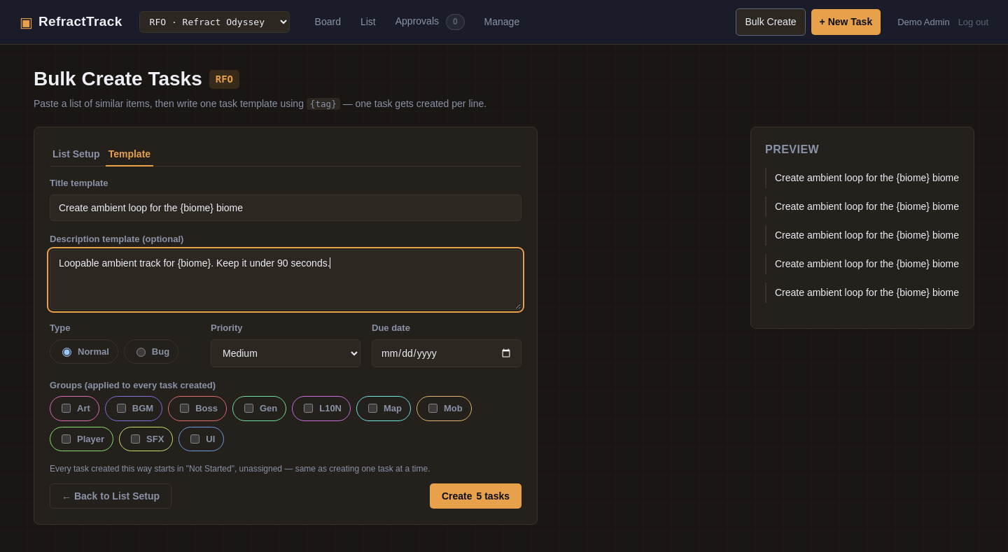 RefractTrack's bulk create screen with a list of biomes and an item placeholder in the title template, showing a live preview.