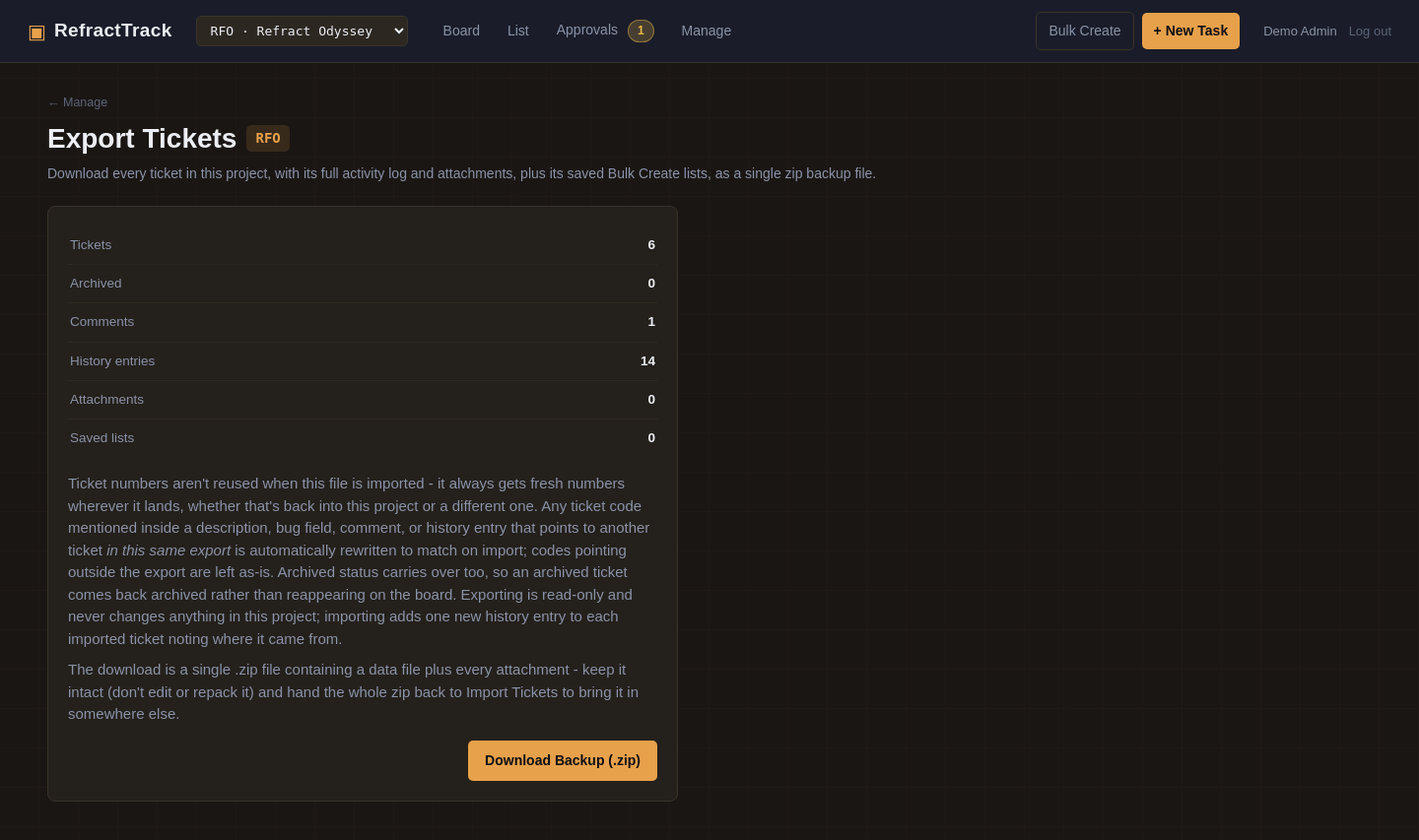 Export screen showing ticket, comment, attachment, and saved-list counts with a single Download Backup zip button.