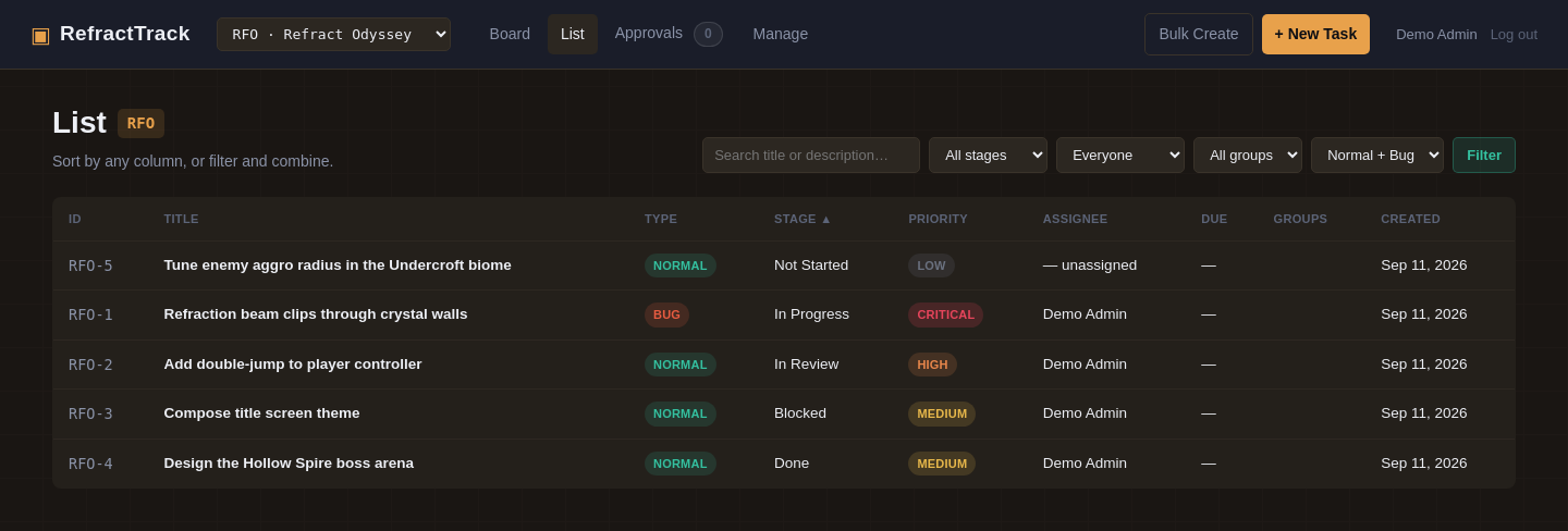 RefractTrack list view showing the same project as a sortable, filterable table.