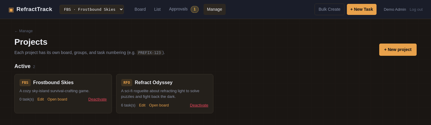 Projects screen showing two active projects, Refract Odyssey and Frostbound Skies, side by side.