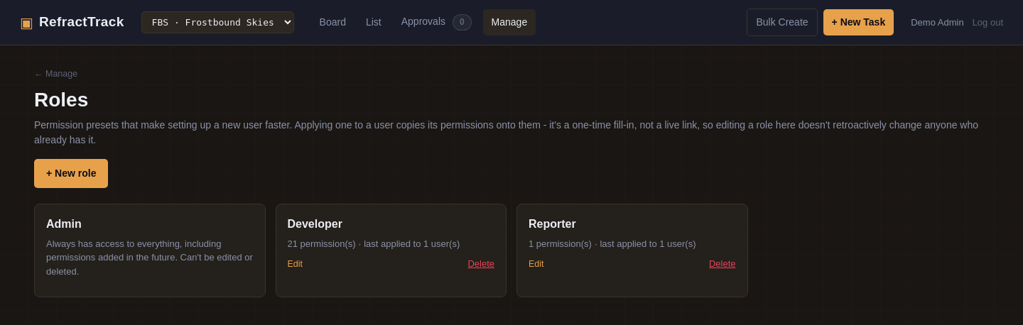 Role presets screen showing Admin, Developer, and Reporter roles with permission counts.