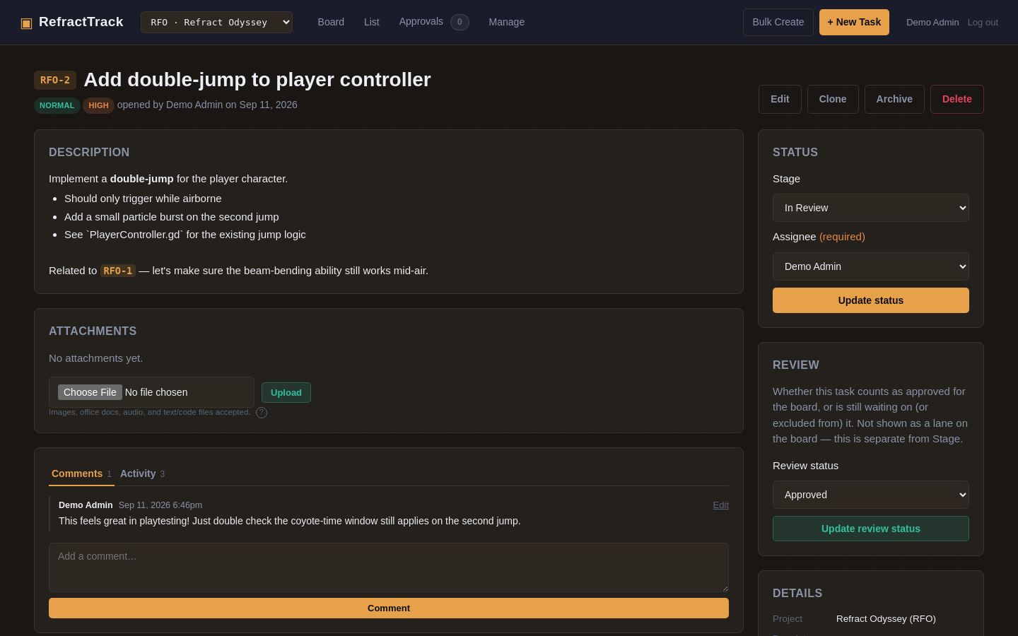 Comments and text formatting in a RefractTrack task, including an automatically linked task code.
