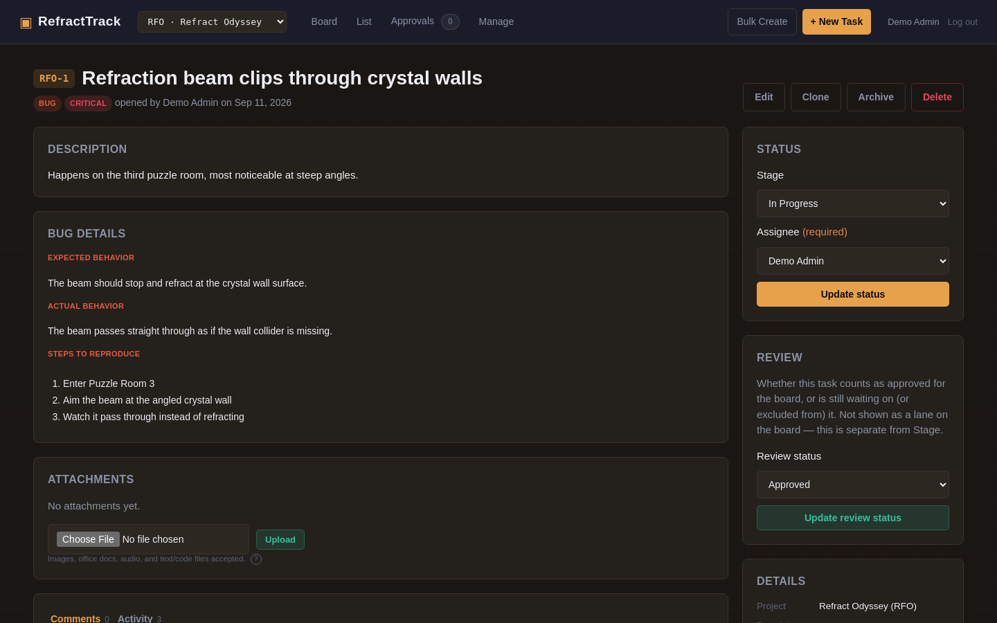 A bug ticket in RefractTrack with structured expected, actual, and steps to reproduce fields, review status, and stage and assignee controls.